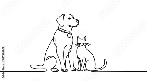 Continuous line dog and cat illustration, minimalist style, veterinary logo, pet adoption concept, animal care poster, vector design