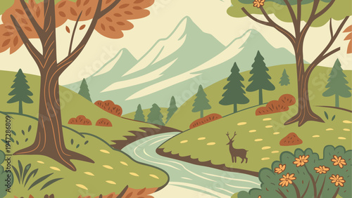 Nature landscape, scenic view, mountains, forest, stream, wildlife