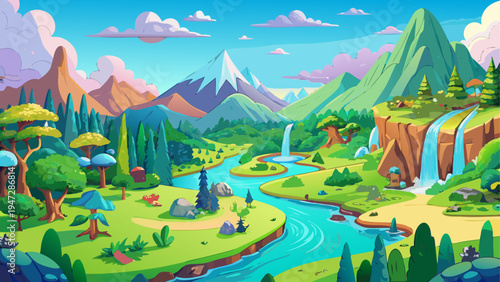 Vector scenic landscape with river, mountains, and forest