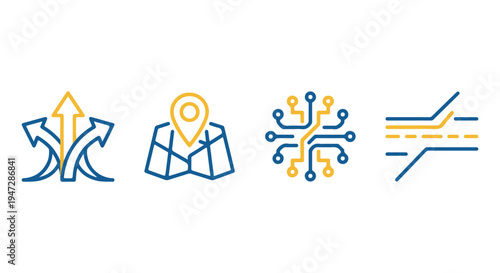 A set of four modern navigation and technology icons in blue and yellow on a Transparent Background