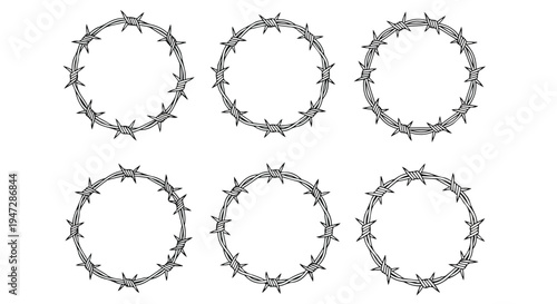 Close-up of six gray barbed wire circles arranged in two rows on a white background with a neutral mood.
