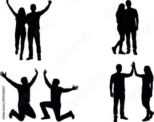 Black silhouette vector illustration of people pairs celebrating, affectionate pose, kneeling joy, high five gesture, human interaction concept