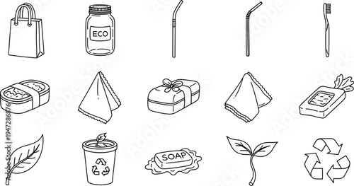 Collection of hand-drawn icons representing eco-friendly and sustainable lifestyle products
