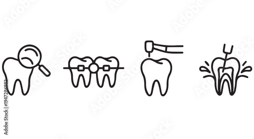A set of dental icons illustrating various tooth care and treatment procedures in a simple line style