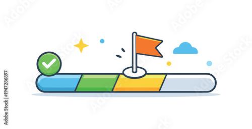 Progress bar with flag and checkmark indicating goal achievement and completion. A colorful progress bar shows stages of completion with a flag at the goal and a checkmark