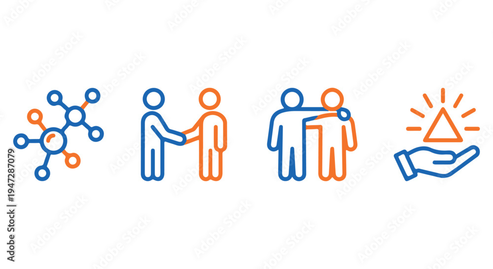 Fototapeta premium A graphic illustration representing teamwork, partnership, and support with interconnected people icons in blue and orange.