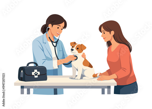 Veterinarian examining a small dog with a stethoscope while owner watches. A friendly veterinarian in a lab coat uses a stethoscope to check a cute puppy's heartbeat during a