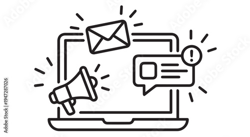 A simple black and white illustration of a laptop with notification icons and a megaphone