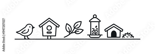Spring nature care and support for urban wildlife as people prepare simple shelters and encourage birds to return during the seasonal renewal of gardens and parks, birdhouse, small bird