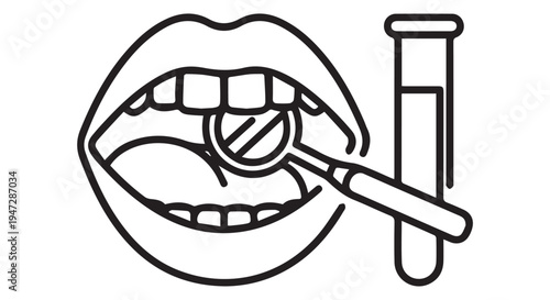 A dentist examines a patients teeth with a mirror and a test tube nearby.