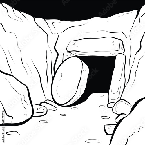 Empty Tomb Easter Coloring Page Vector - Resurrection Sunday Biblical Illustration with Rolled Away Stone Cave Entrance