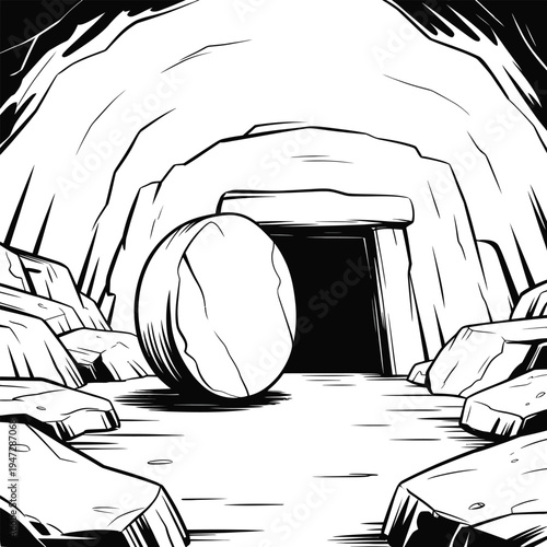 Empty Tomb of Jesus Easter Vector Illustration - Resurrection Sunday Religious Line Art Background with Rolled Stone and Open Cave