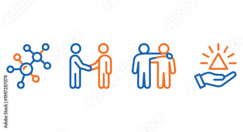 A graphic illustration representing teamwork, partnership, and support with interconnected people icons in blue and orange.