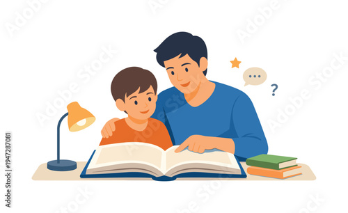 Father and son reading a book together at a desk with a lamp. A father patiently guides his son through a book, fostering a love for learning and shared moments at home