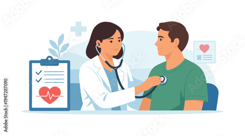 A community healthcare moment where a doctor provides a routine health check consultation for preventive care in a local clinic, representing accessible medicine and patient trust in