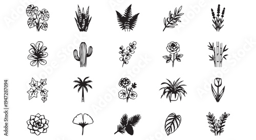A collection of various black and white plant illustrations on a clean Transparent Background