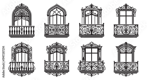 A set of ornate wrought iron balconies and windows with intricate designs on a Transparent Background