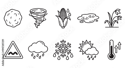 A set of weather icons illustrating various climate and meteorological conditions in a simple line style
