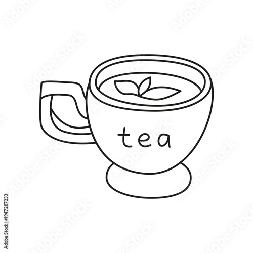 Lovely hand drawn tea drink in mug with mint leaves in isolated on white background. Minimalist line art organic herbal tea for shops, cafe, packaging designs, posters, etc.