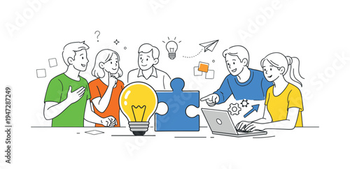 Team discussing innovative solutions during a creative brainstorming session, several colleagues gathered around a large light bulb placed beside a puzzle piece while a laptop nearby