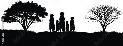 Meerkat silhouette wildlife illustration, standing group on grassy hill, alert posture between leafy tree and bare branches, nature scene