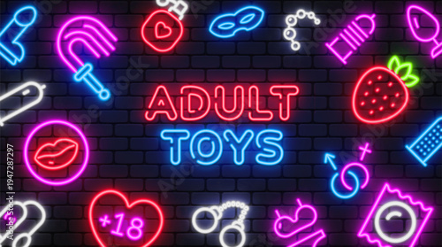 Neon sign with Adult Toys lettering surrounded by bright erotic icons on dark brick wall. Vibrant pink, blue, and red glow creates bold nightlife mood. Perfect for sex shop branding and banners