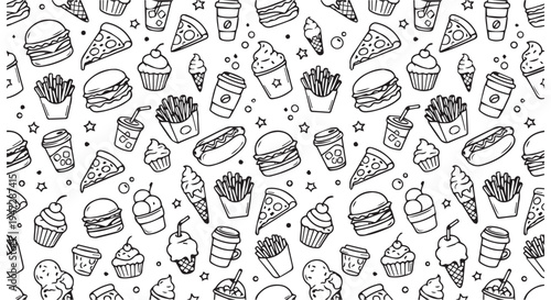 A black and white illustration of various fast food items and desserts on a Transparent Background