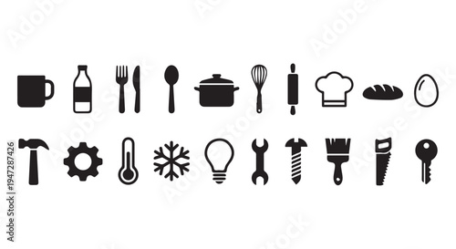A collection of various black icons on a Transparent Background for design and illustration purposes