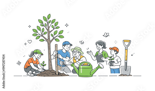 Residents organizing a neighborhood tree planting activity to restore greenery and improve environmental quality in their local area, visual metaphor of a large young tree beside a watering