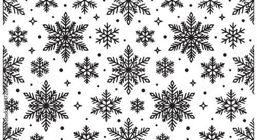 A black and white illustration of snowflakes and dots on a Transparent Background for winter designs
