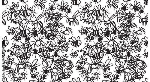 A black and white illustration of a swarm of bees flying together in a chaotic pattern