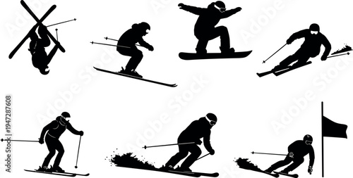 Black silhouette vector illustration of skiing and snowboarding athletes performing jumps, flips, racing, carving turns, dynamic winter sports action scene
