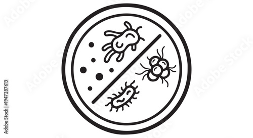 A simple black and white illustration of a petri dish with bacteria and a prohibition sign