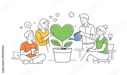 A small team supporting workplace wellbeing and emotional balance during a calm office moment, gathered around a large heart-shaped plant growing from a simple pot that acts as a visual