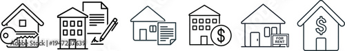 A collection of various symbols and icons like finance, real estate, dollar signs, charts, statistics, time, money, property, investment, economy, housing market, architecture, construction, growth.