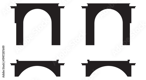 A set of four black arches on a Transparent Background for design and architecture purposes