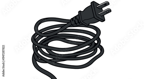 A coiled black electrical cord with a plug on a Transparent Background