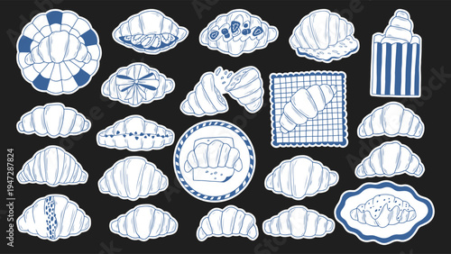 Minimalist vector sticker set of french croissants with berries, bows, glaze and hearts. Pastries on decorative plates and in craft paper bags. Blue line  hand drawn elements for bakery and cafe decor