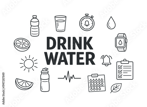 Drink Water reminder icons and text for healthy hydration and lifestyle. A collection of simple line art icons representing hydration, health, and reminders to drink water