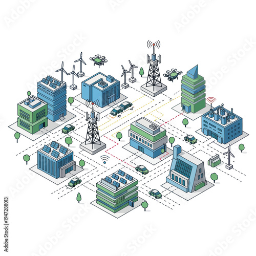 Isometric Smart City Illustration with Renewable Energy and Connectivity.