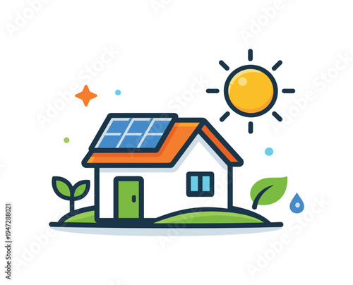 Environmental sustainability and responsible energy use supporting a cleaner future for communities and businesses, a simple house with a solar panel on the roof beside a bright sun icon