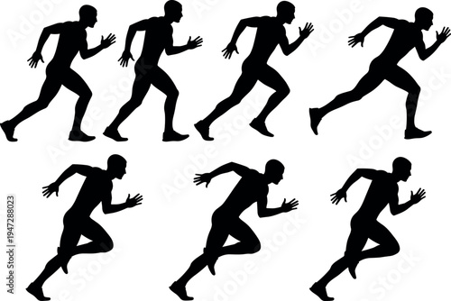 Running silhouette vector illustration showing athletic motion sequence, sprinting stages, dynamic posture, fitness training, sports activity, human biomechanics study