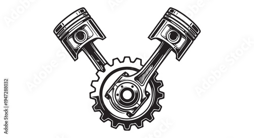 A detailed illustration of mechanical engine parts including pistons and a gear
