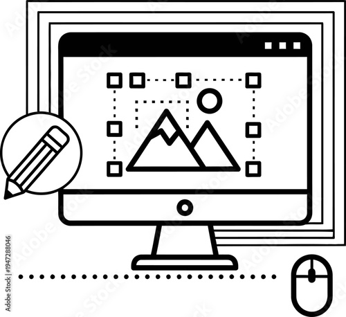 Computer monitor displaying image editing interface with graphics