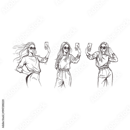 Stylish women taking selfies with phones, windblown hair, sketch illustration hand drawn pencil sketch