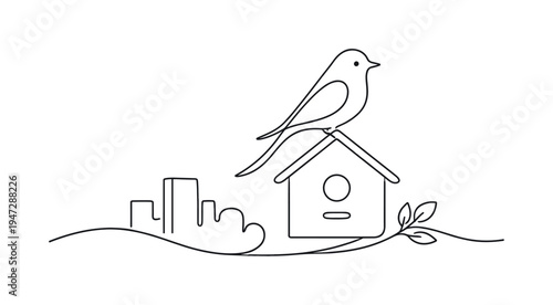 Minimalist bird on birdhouse with city skyline and leaves in single line art. A simple, elegant single line drawing depicts a bird perched atop a birdhouse, with a stylized city