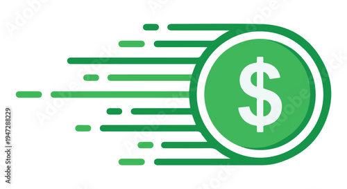 A green and white icon of a dollar coin speeding to the right with motion lines
