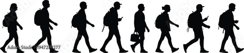 Vector illustration of silhouetted people walking with backpacks symbolizing commuting, travel, identity, diversity, culture, tradition, inclusivity, heritage, and education