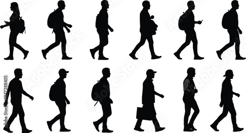 Silhouettes of people walking with backpacks, carrying bags, holding phone, urban pedestrian movement, vector illustration for design and educational projects