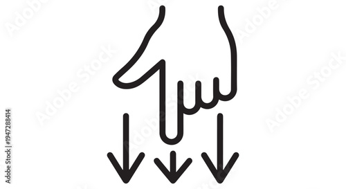A hand icon with arrows pointing downwards in a simple black line drawing style